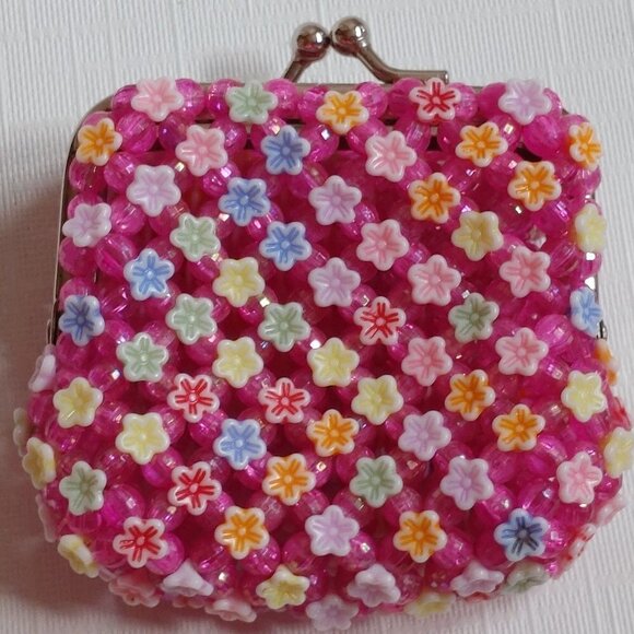 CUTE BEADED COIN PURSE Flower Beads Textured Floral Bead Change Purse - Picture 2 of 3